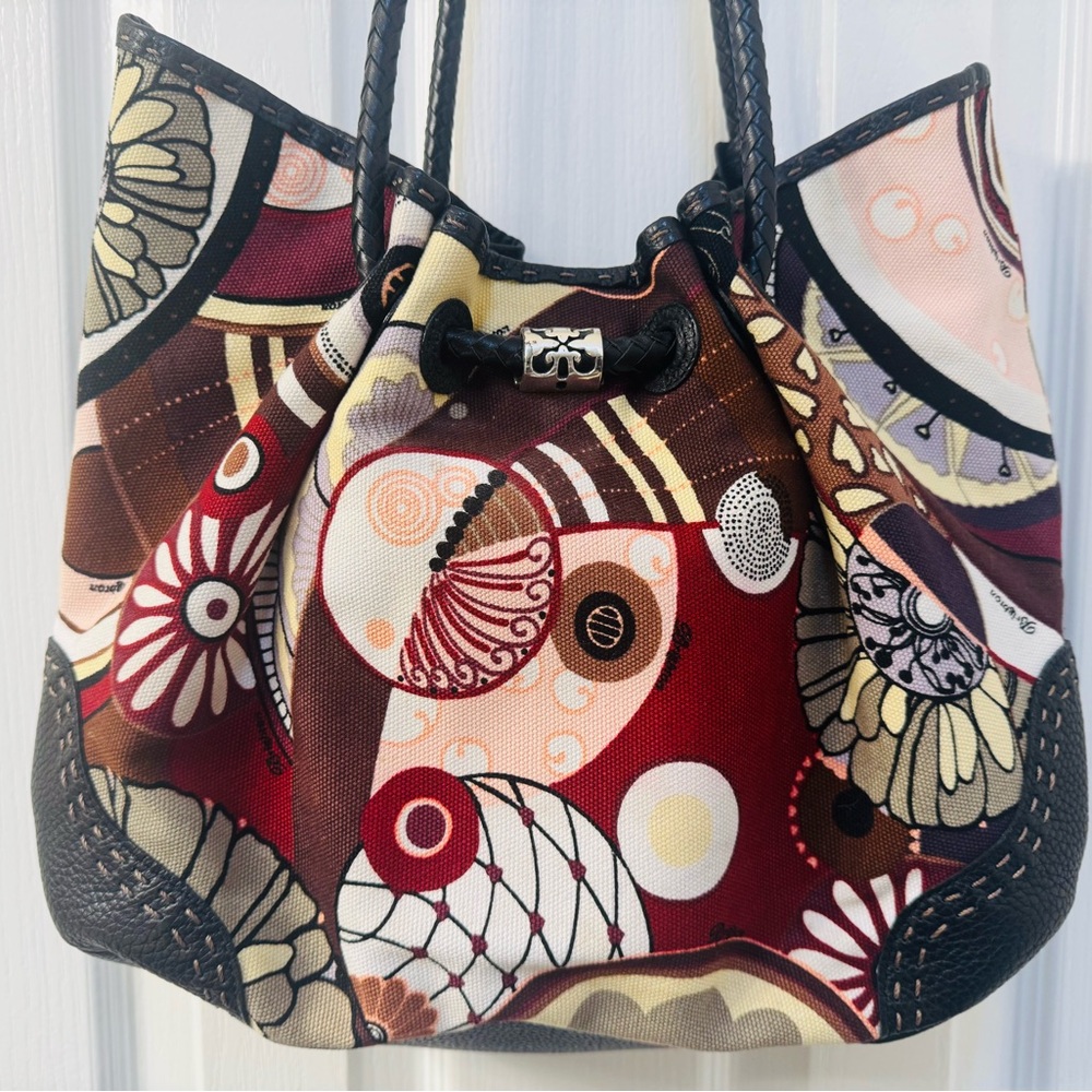 Brighton Black Leather & Kimono Canvas Shoulder Bag